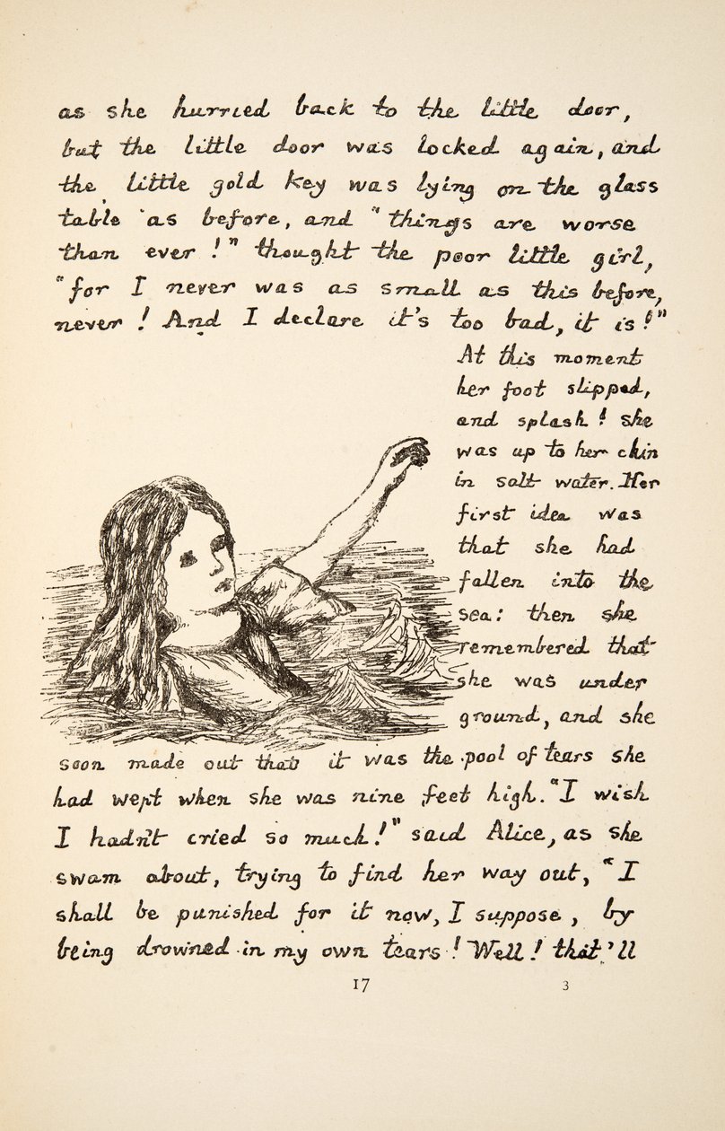 Alice putoaa Kyynelaltaaseen, kuvitus Alices Adventures Under Groundista, pubista. 1886 (faksimile) tekijältä Charles Lutwidge Dodgson