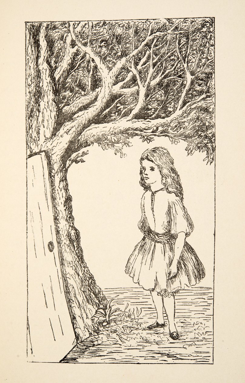 Alice löytää oven puuhun, kuvitus Alices Adventures Under Ground -pubista. 1886 (faksimile) tekijältä Charles Lutwidge Dodgson