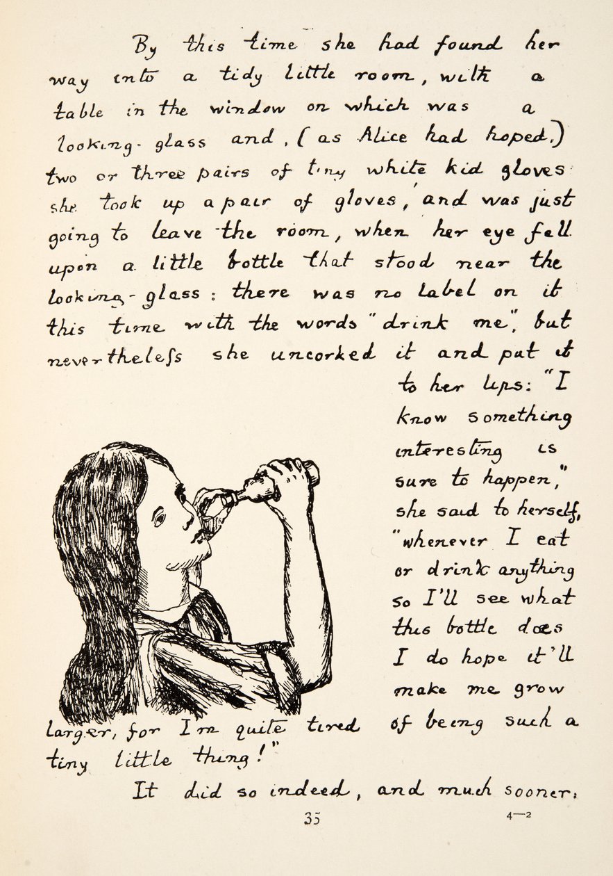Alice avaa pienen pullon, kuva Alices Adventures Under Ground -pubista. 1886 (faksimile) tekijältä Charles Lutwidge Dodgson