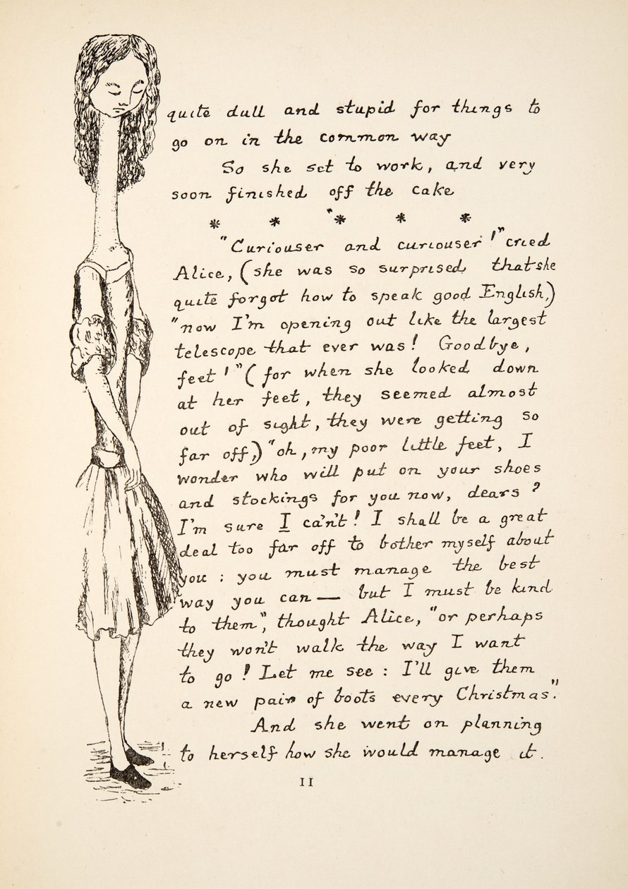 Curiouser and Curiouser, kuvitus teoksesta Alices Adventures Under Ground, pub. 1886 (faksimile) tekijältä Charles Lutwidge Dodgson