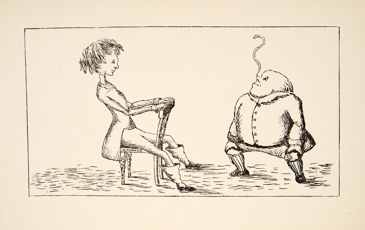 Isä William tasapainoilemassa ankeriaan nenällään, kuvitus Alices Adventures Under Groundista, pub. 1886 (faksimile) tekijältä Charles Lutwidge Dodgson