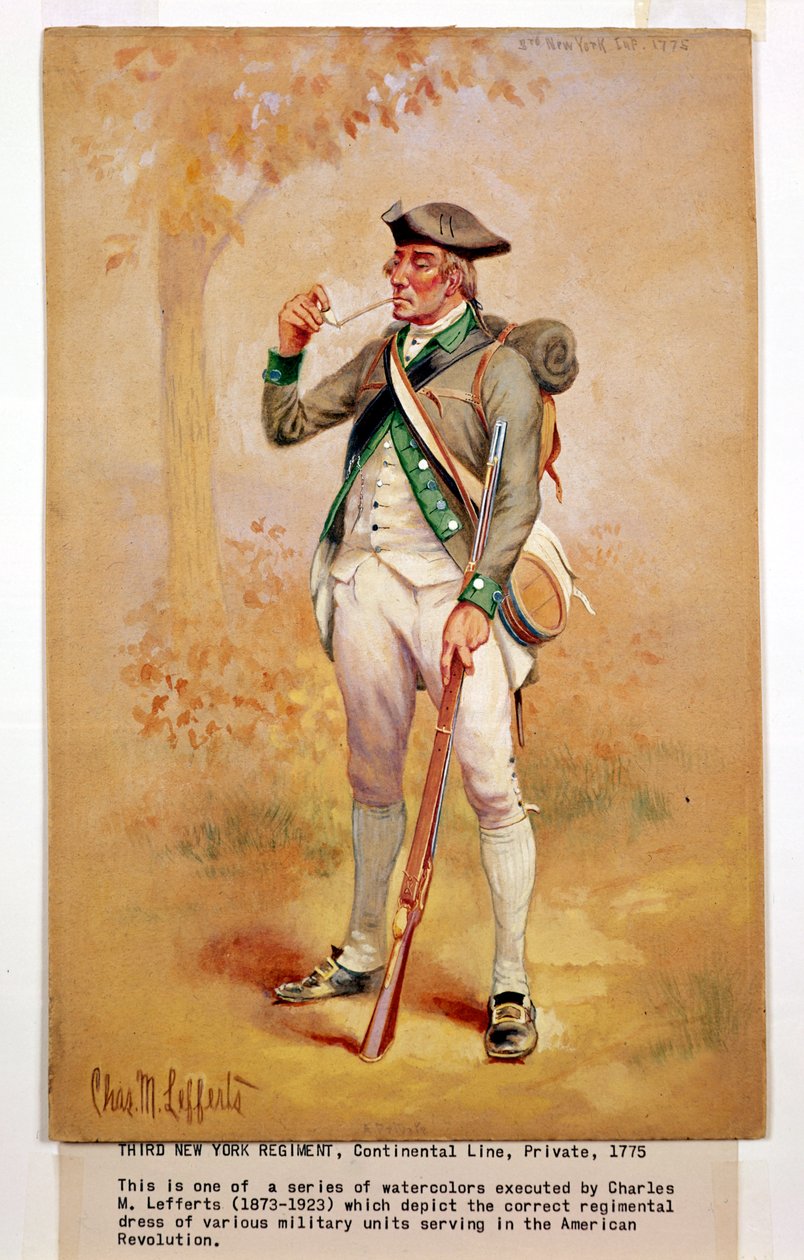 Mannerlinjan sotamiesten univormu 3. New Yorkin rykmentissä vuonna 1775, noin 1920 tekijältä Charles MacKubin Lefferts