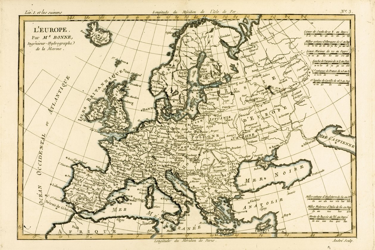 Eurooppa, Guillaume Raynal (1713-96) Genevessä 1780 julkaistusta teoksesta Atlas de Toutes les Parties Connues du Globe Terrestre tekijältä Charles Marie Rigobert Bonne