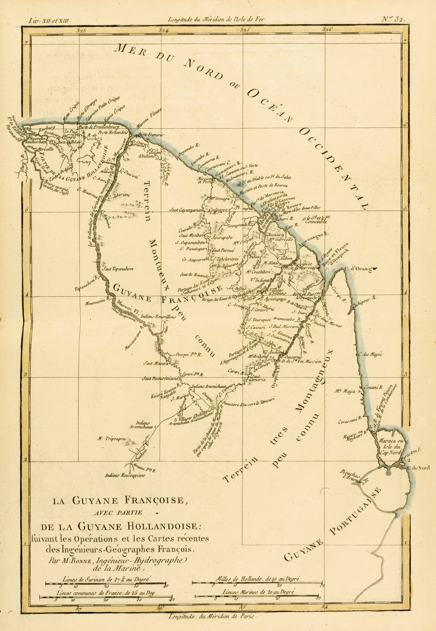 Ranskan Guyana, osa Hollannin Guyanaa, Guillaume Raynalin (1713-96) julkaisusta Atlas de Toutes les Parties Connues du Globe Terrestre, julkaistu J L Pellet, Geneve, 1780 tekijältä Charles Marie Rigobert Bonne