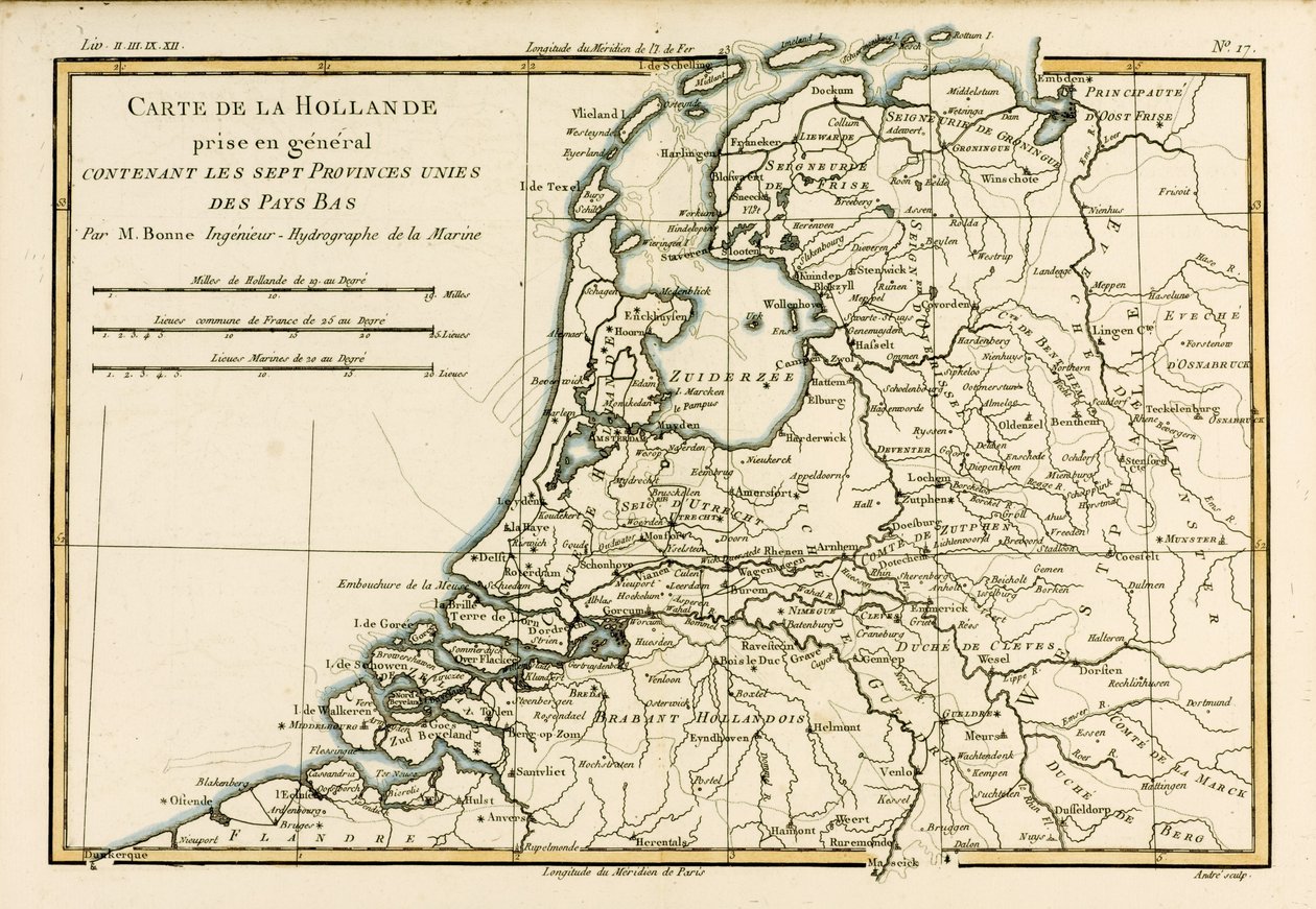 Hollanti, mukaan lukien Alankomaiden seitsemän yhdistynyttä maakuntaa, Guillaume Raynalin (1713-96) Atlas de Toutes les Parties Connues du Globe Terrestre, julkaistu 1780 tekijältä Charles Marie Rigobert Bonne