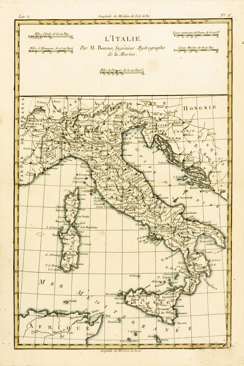 Italia, Guillaume Raynalin (1713-96) teoksesta Atlas de Toutes les Parties Connues du Globe Terrestre, Geneve, 1780 tekijältä Charles Marie Rigobert Bonne