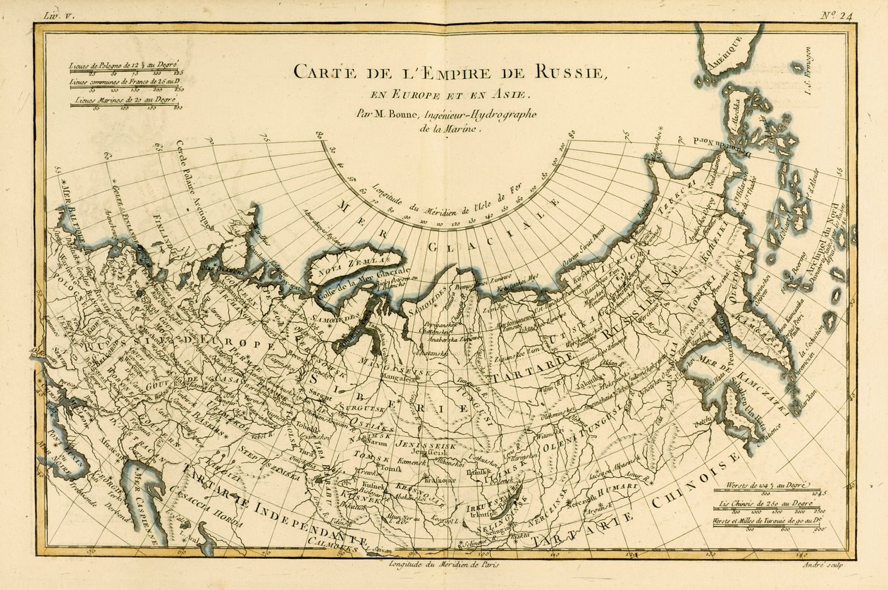 Venäjän valtakunnan kartta Euroopassa ja Aasiassa, Guillaume Raynal (1713-96) Atlas de Toutes les Parties Connues du Globe Terrestre, julkaistu J L Pellet, Geneve, 1780 tekijältä Charles Marie Rigobert Bonne