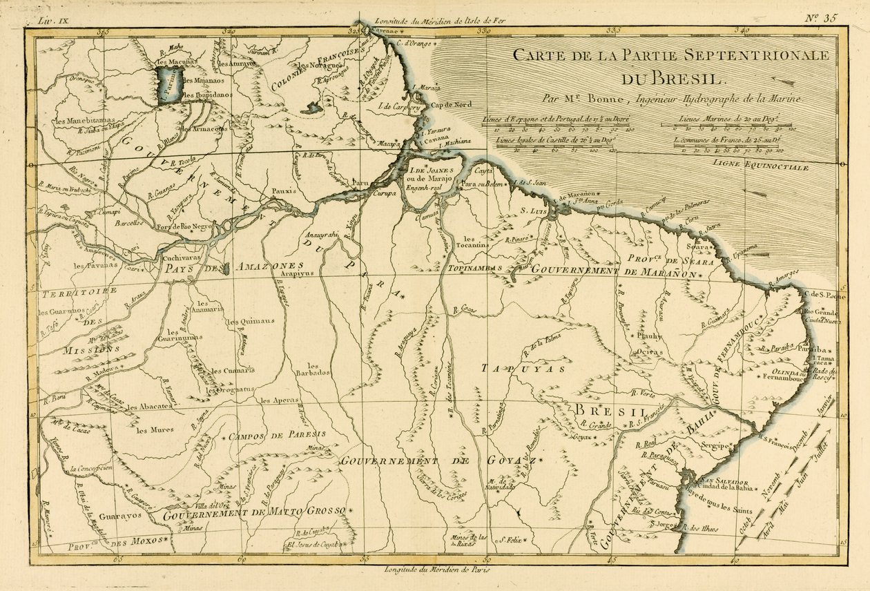 Pohjois-Brasilia, Guillaume Raynalin (1713-96) "Atlas de Toutes les Parties Connues du Globe Terrestre", julkaistu J. L. Pellet, Geneve, 1780. tekijältä Charles Marie Rigobert Bonne