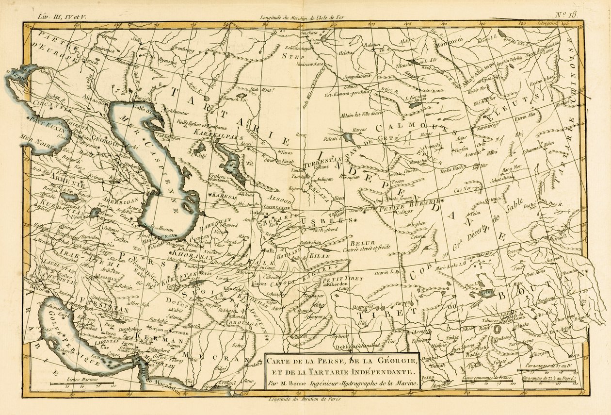 Persia, Georgia ja itsenäinen Tartaria, Guillaume Raynalin (1713-96) "Atlas de Toutes les Parties Connues du Globe Terrestre", julkaistu 1780. tekijältä Charles Marie Rigobert Bonne
