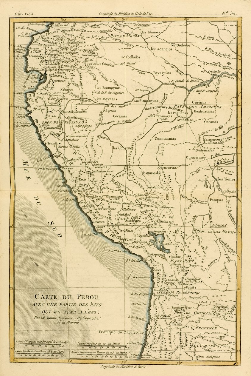 Peru, Guillaume Raynalin (1713-96) teoksesta "Atlas de Toutes les Parties Connues du Globe Terrestre", julkaistu Geneve, 1780 tekijältä Charles Marie Rigobert Bonne