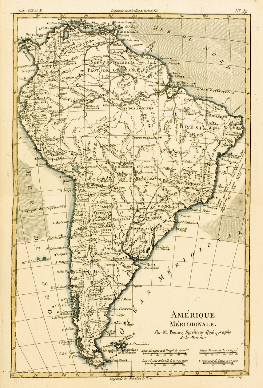 Etelä-Amerikka, Guillaume Raynalin (1713-96) teoksesta Atlas de Toutes les Parties Connues du Globe Terrestre, Geneve, 1780 tekijältä Charles Marie Rigobert Bonne