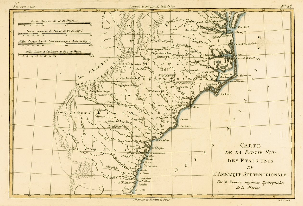 Kaakkois-Amerikan rannikko, Guillaume Raynal (1713-96) Atlas de Toutes les Parties Connues du Globe Terrestrestä, julkaistu J L Pellet, Geneve, 1780 (värinen kaiverrus) tekijältä Charles Marie Rigobert Bonne
