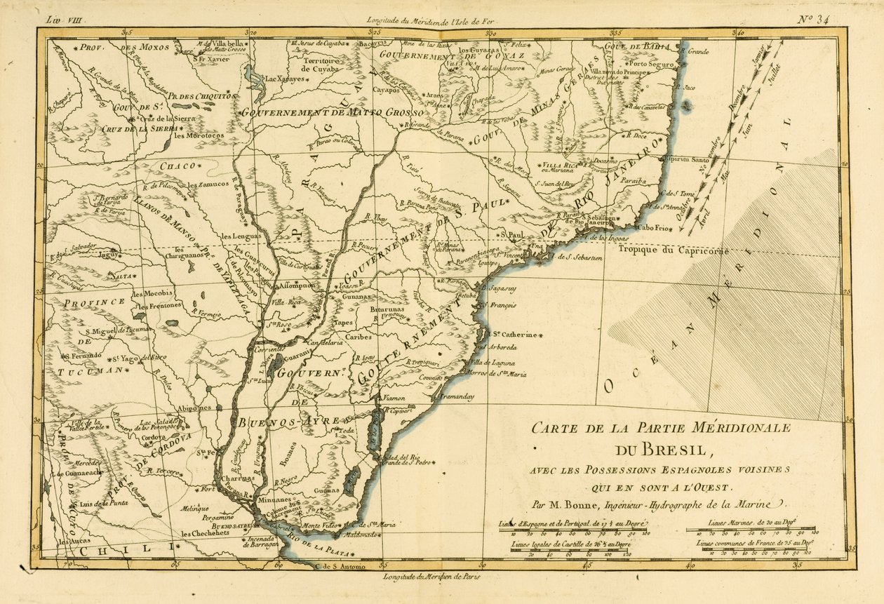 Etelä-Brasilia, Guillaume Raynal (1713-96) teoksesta Atlas de Toutes les Parties Connues du Globe Terrestre, julkaistu J L Pellet, Geneve, 1780 tekijältä Charles Marie Rigobert Bonne