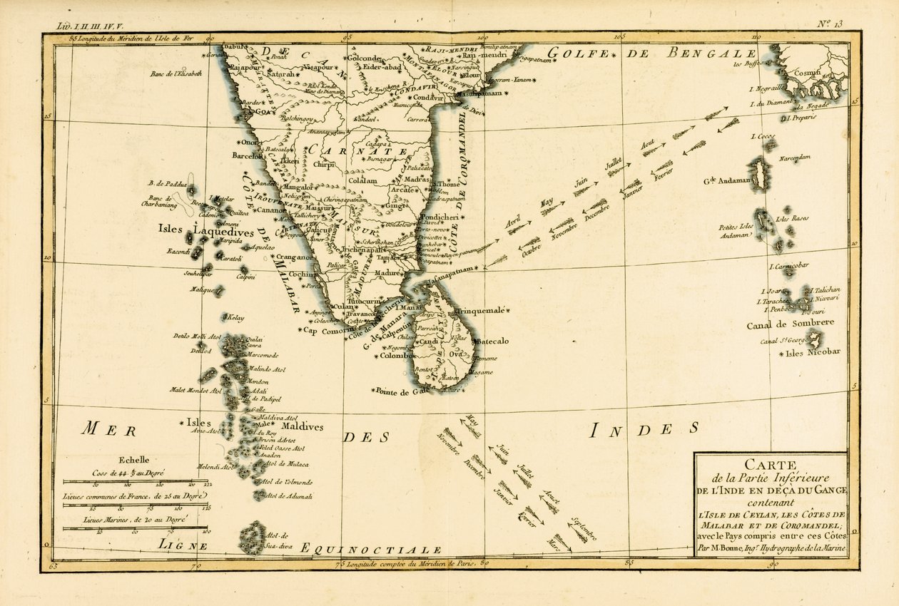 Etelä-Intia ja Ceylon, Guillaume Raynalin (1713-96) julkaisusta Atlas de Toutes les Parties Connues du Globe Terrestre, julkaistu J L Pellet, Geneve, 1780 tekijältä Charles Marie Rigobert Bonne