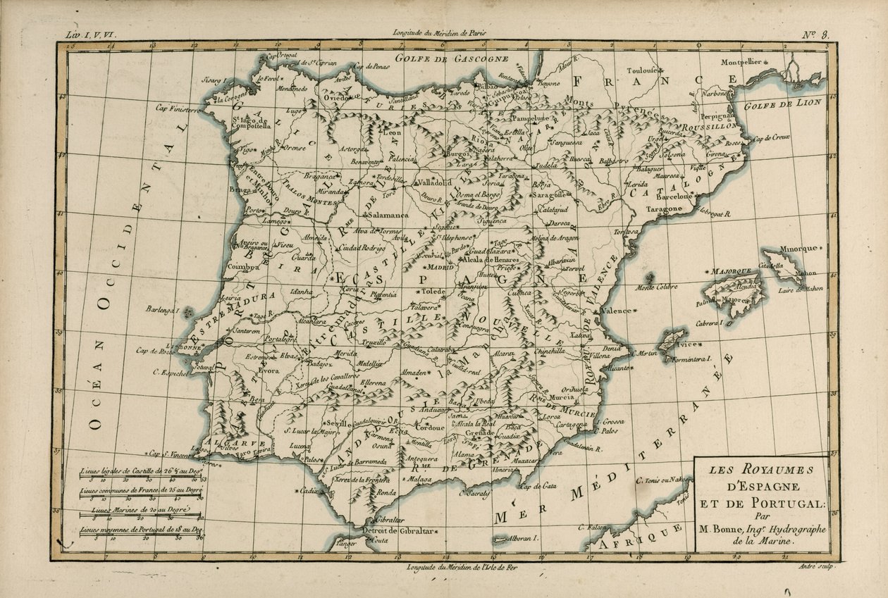 Espanja ja Portugali, Guillaume Raynalin (1713-96) teoksesta "Atlas de Toutes les Parties Connues du Globe Terrestre", joka julkaistiin Genevessä 1780 tekijältä Charles Marie Rigobert Bonne