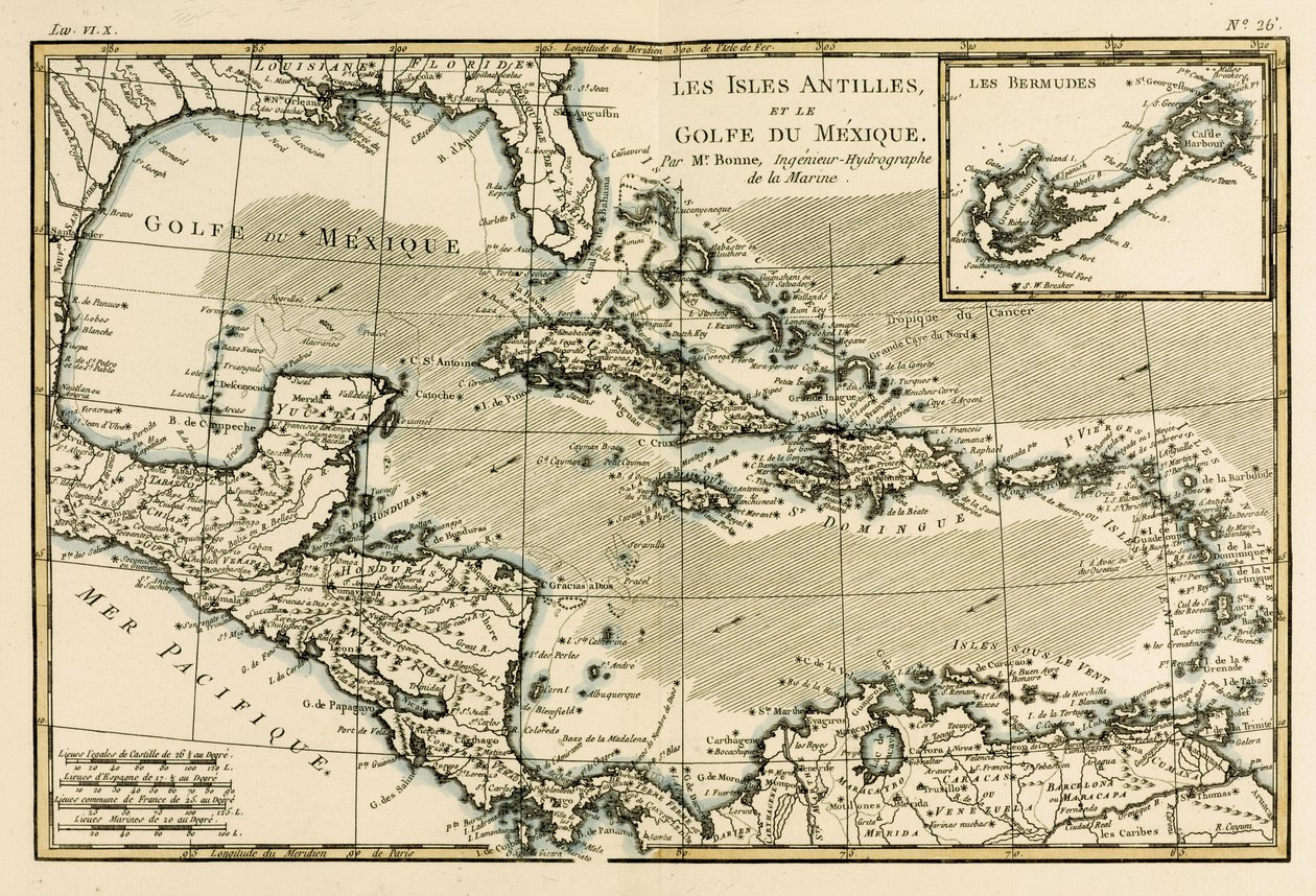 Antillit ja Meksikonlahti Guillaume Raynalin (1713-96) teoksesta Atlas de Toutes les Parties Connues du Globe Terrestre, Geneve, 1780 tekijältä Charles Marie Rigobert Bonne