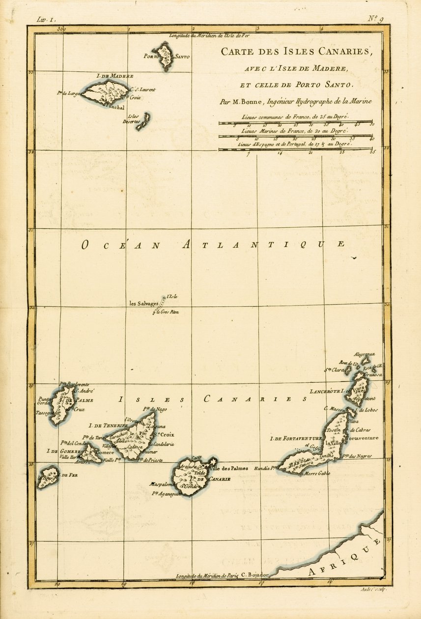 Kanariansaaret Madeiran ja Porto Santon kanssa Guillaume Raynalin (1713-96) teoksesta Atlas de Toutes les Parties Connues du Globe Terrestre, Geneve, 1780 tekijältä Charles Marie Rigobert Bonne