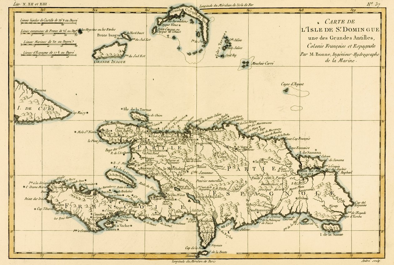 Ranskan ja Espanjan siirtomaa Suur-Antillien Pyhän Dominicin saarella Guillaume Raynalin (1713-96) "Atlas de Toutes les Parties Connues du Globe Terrestrestä", julkaissut J L Pellet, Ge tekijältä Charles Marie Rigobert Bonne