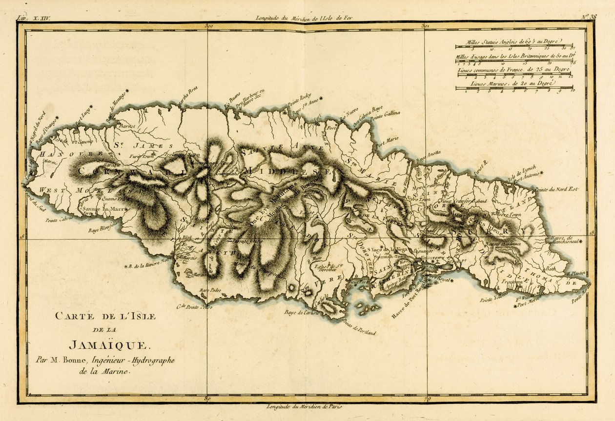 Jamaikan saari Guillaume Raynalin (1713-96) Atlas de Toutes les Parties Connues du Globe Terrestrestä, julkaistu 1780 tekijältä Charles Marie Rigobert Bonne