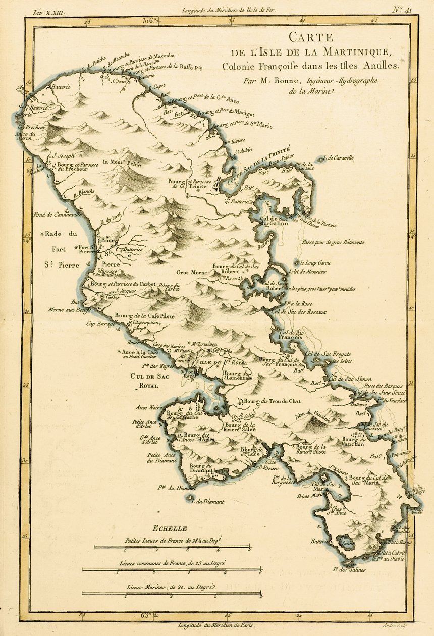 Martiniquen saari Guillaume Raynalin (1713-96) Atlas de Toutes les Parties Connues du Globe Terrestren teoksesta 1780 tekijältä Charles Marie Rigobert Bonne