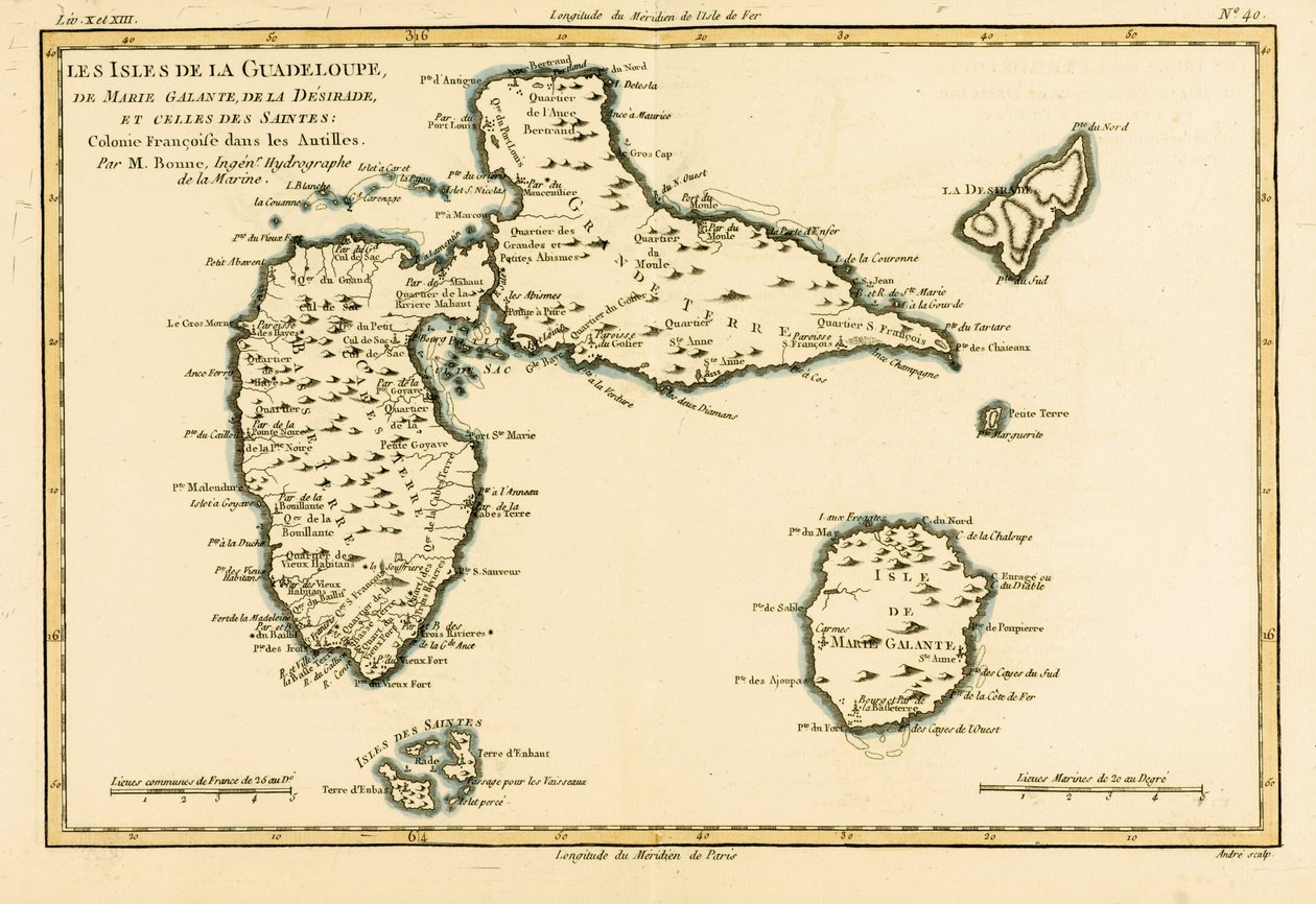 Guadeloupen saaret, Marie-Galante, La Desirade ja Isles des Saintes, Ranskan siirtokunnat Antilleilla, Guillaume Raynalin "Globe Terrestren kaikkien tunnettujen puolueiden atlas" (17) tekijältä Charles Marie Rigobert Bonne
