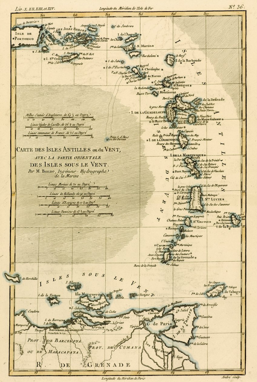 Pienet Antillit tai Tuulen puoleiset saaret ja Leewardsaarten itäosa, Guillaume Raynalin (1713-96) teoksesta Atlas de Toutes les Parties Connues du Globe Terrestre, julkaissut J L Pe tekijältä Charles Marie Rigobert Bonne