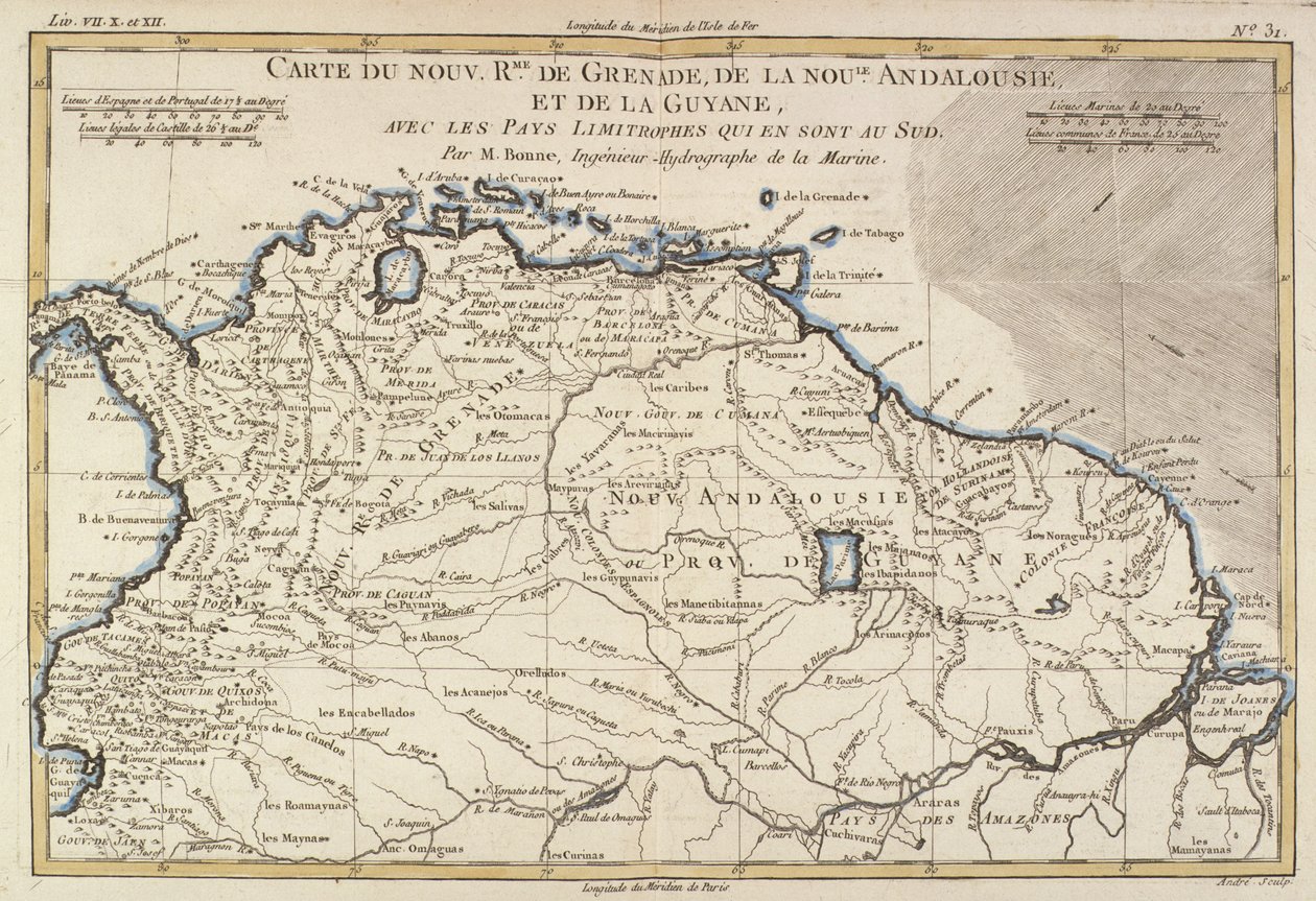 Grenadan, Uuden Andalusian ja Guyanan uudet kuningaskunnat Guillaume Raynal (1713-96) Geneve, 1780: Atlas de Toutes les Parties Connues du Globe Terrestre tekijältä Charles Marie Rigobert Bonne
