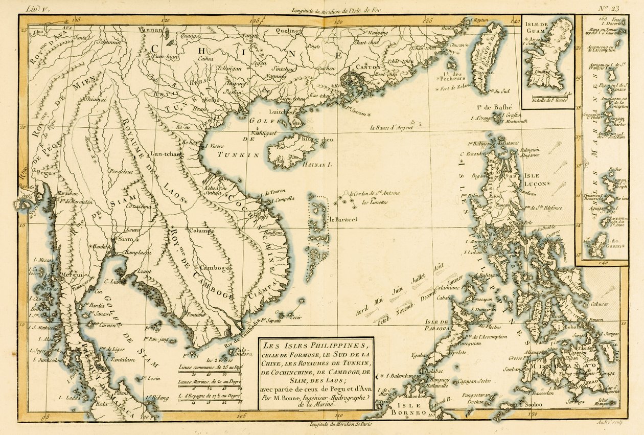 Filippiinit, Formosa, Etelä-Kiina, Tonkinin kuningaskunnat, Cochin Kiina, Kambodža, Siam, Laos ja osa Pegun ja Avan kuningaskunnat, G:n Atlas de Toutes les Parties Connues du Globe Terrestre tekijältä Charles Marie Rigobert Bonne