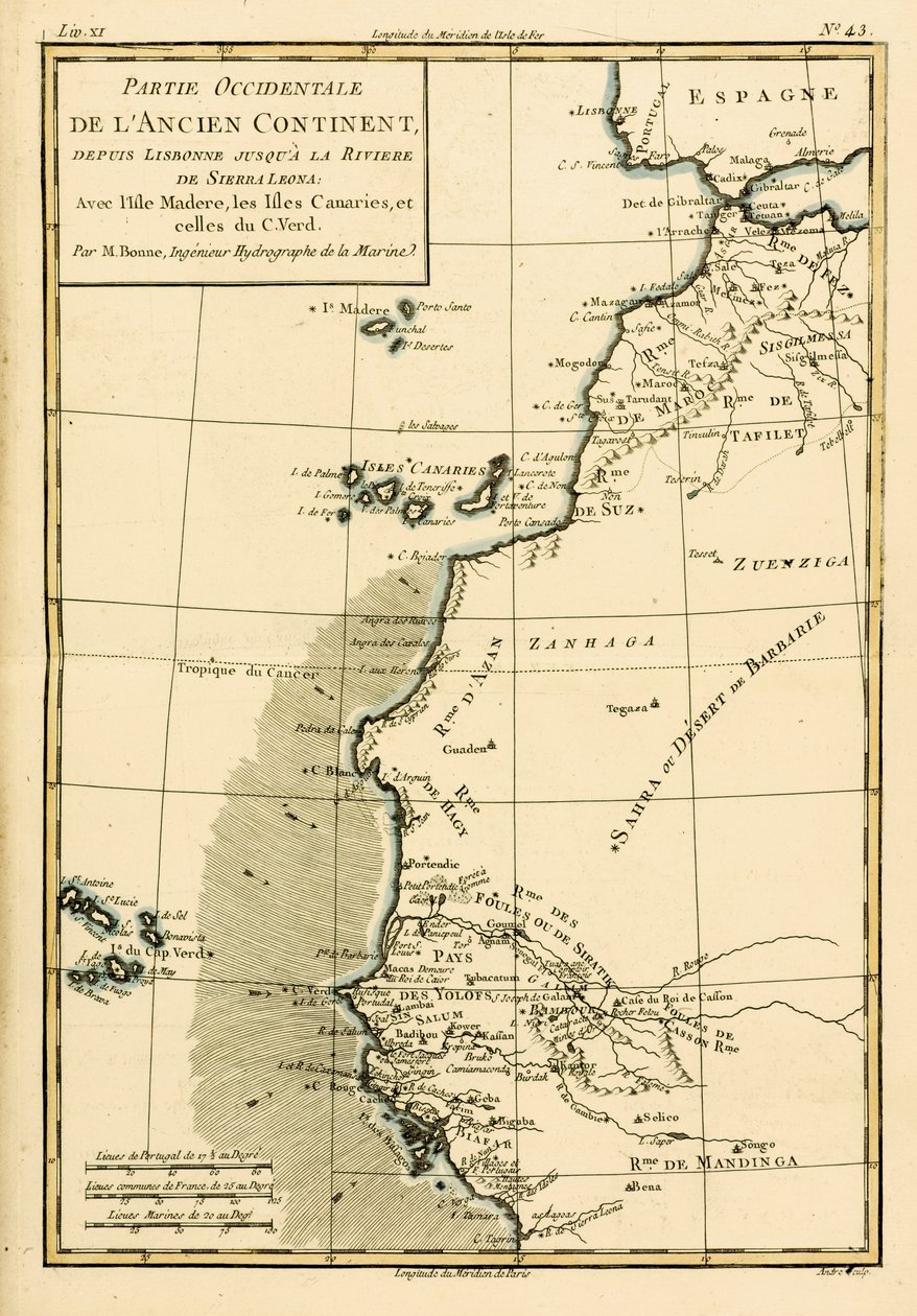 Afrikan länsirannikko, Lissabonista Sierra Leoneen, Guillaume Raynalin (1713-96) teoksesta Atlas de Toutes les Parties Connues du Globe Terrestre, Geneve, 1780 tekijältä Charles Marie Rigobert Bonne