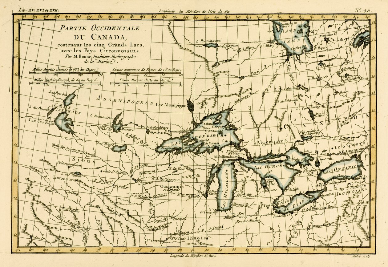 Länsi-Kanada, mukaan lukien viisi suurta järveä, Guillaume Raynalin (1713-96) Atlas de Toutes les Parties Connues du Globe Terrestrestä, julkaistu J L Pellet, Geneve, 1780 tekijältä Charles Marie Rigobert Bonne