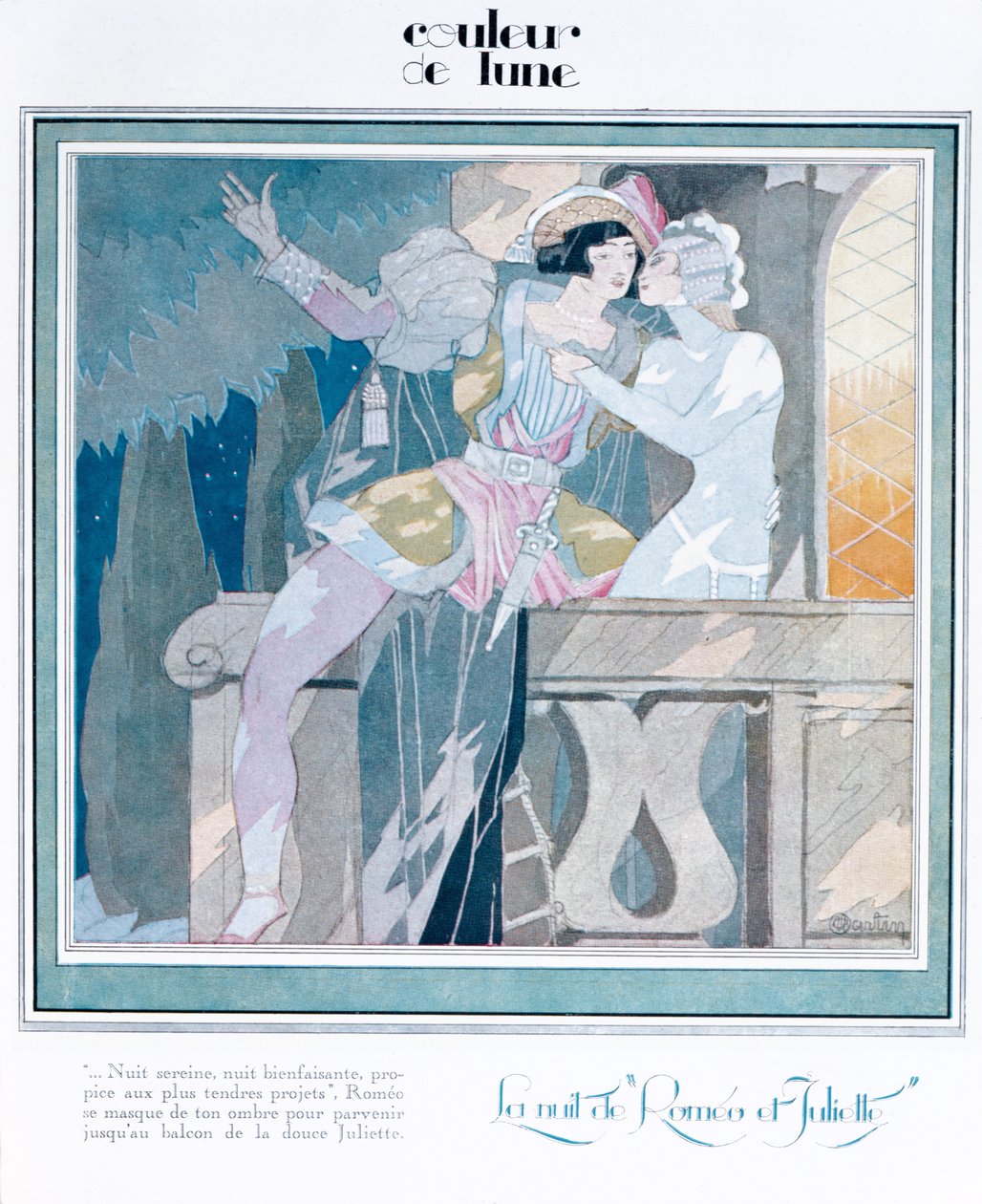 Romeo ja Julia parvekkeella, kuvitus Femina-lehdestä, joulukuu 1929 tekijältä Charles Martin