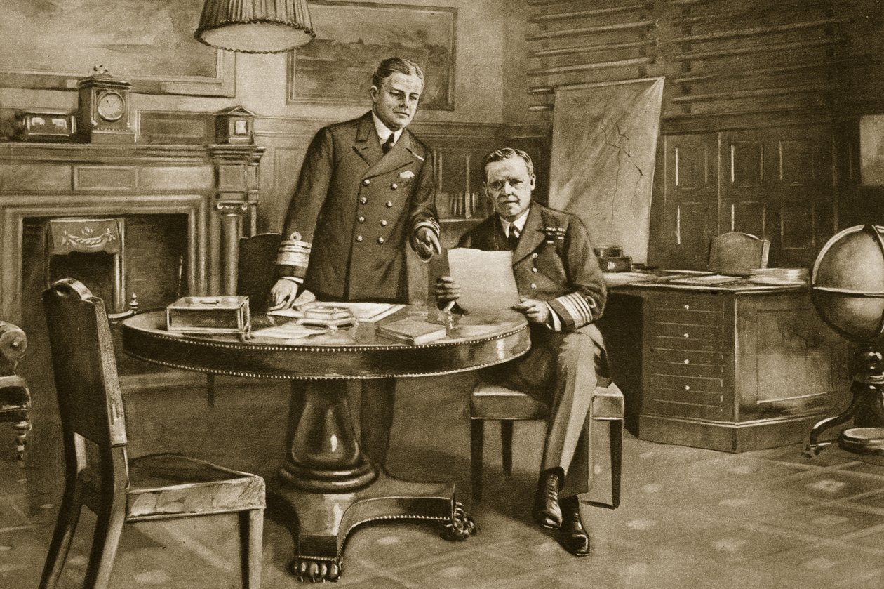 Laivaston hermokeskus: Sir Eric Geddes ja Sir Rosslyn Wemyss ensimmäisen merilordin huoneessa. tekijältä Charles Mills Sheldon