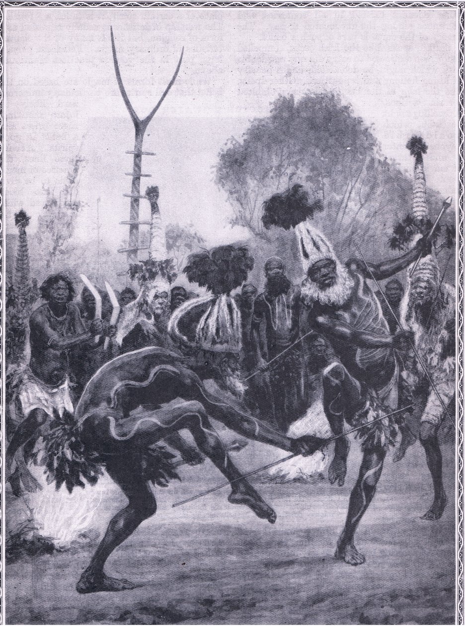 Queenslandin aboriginaalien villit tanssit esittäen "Haarukkasauvan tanssia" tekijältä Charles Mills Sheldon