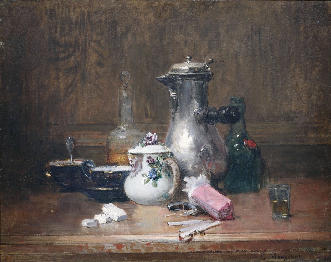 Luonto morte du bon vivant. Stilleben mit Kaffeegeschirr, Cognacflasche und Zigaretten tekijältä Charles Monginot