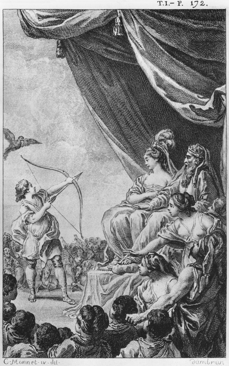 Formosante ja Amazan, kuvitus Voltairen teoksesta "La Princesse de Babylone" (1694-1778) tekijältä Charles Monnet