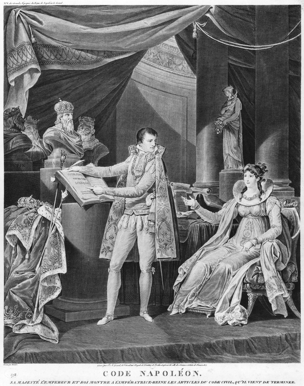 Hänen Majesteettinsa keisari ja kuningas Napoleon I (1769-1861) esittelevät keisarinna-kuningatar Marie-Louiselle (1791-1847) Code Civilin artikkelit, jotka hän oli juuri saanut valmiiksi, 1804 tekijältä Charles Monnet