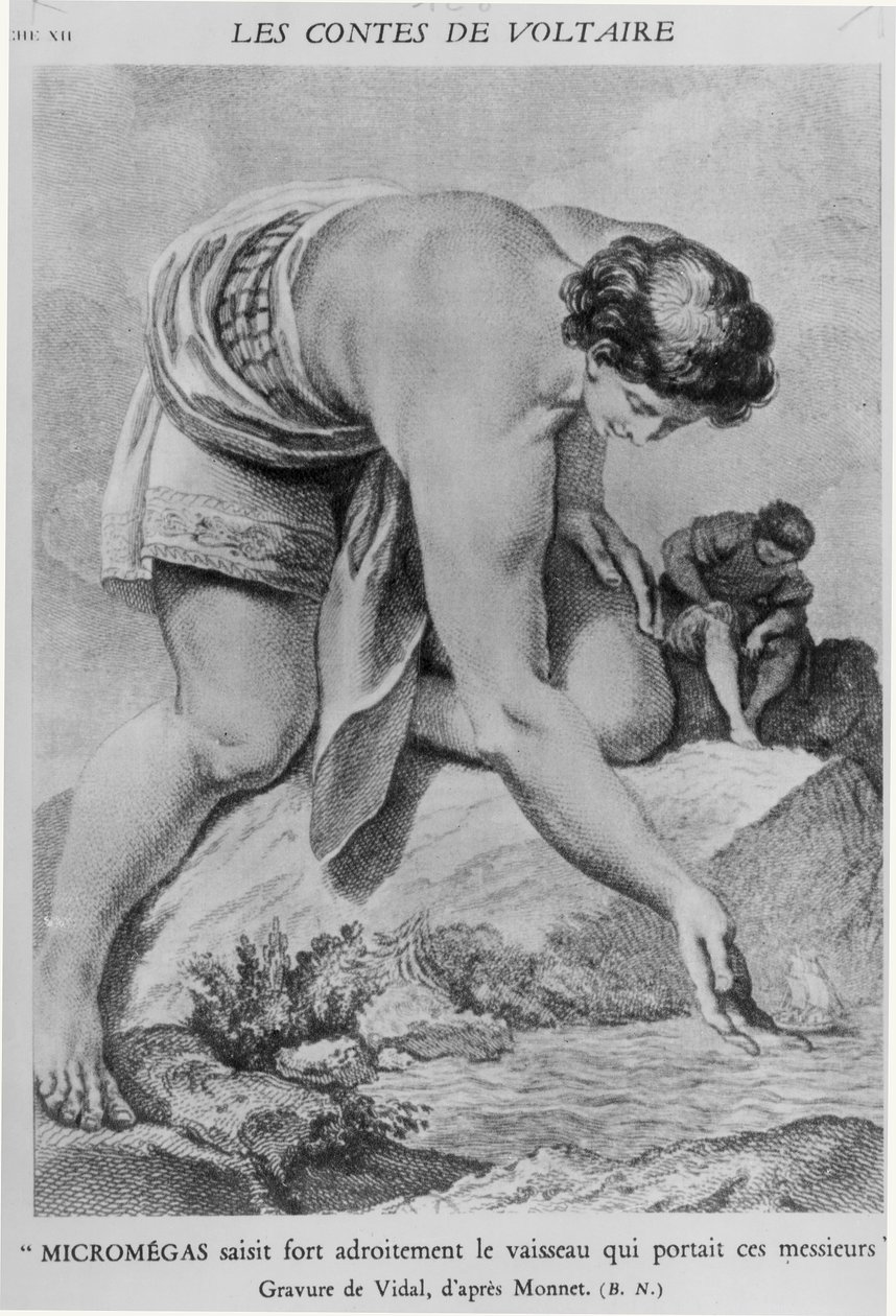 "Micromegas poimii taitavasti aluksen, joka kuljetti näitä herroja", Gerard Vidalin (1742-1801) kaivertamasta Francois Marie Arouet de Voltairen (1694-1778) Les Contesista tekijältä Charles Monnet