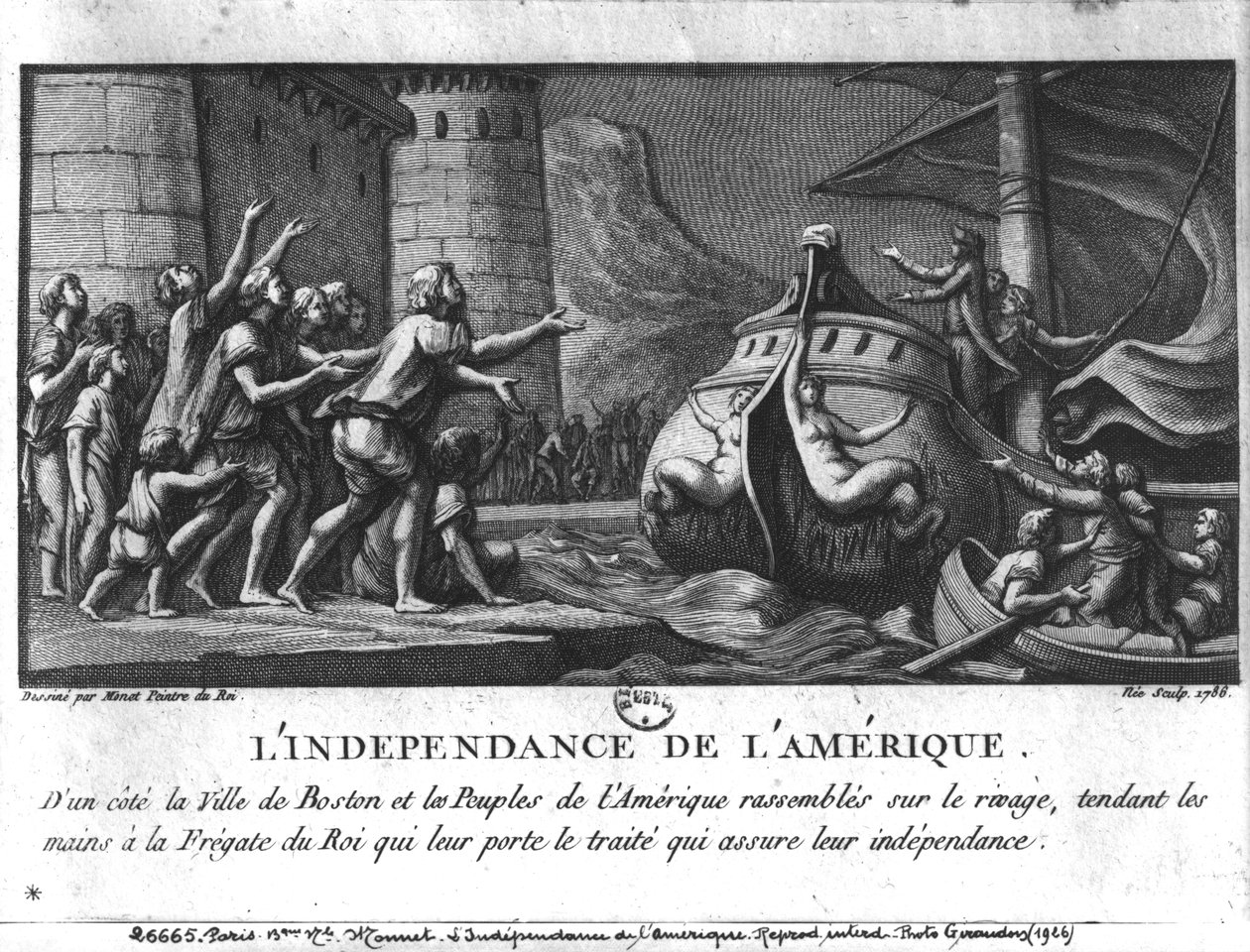 American Independence, ranskalainen fregatti, joka toi sopimuksen Bostoniin, kaiverrus Francois Denis Nee (1732-1817), 1786 tekijältä Charles Monnet