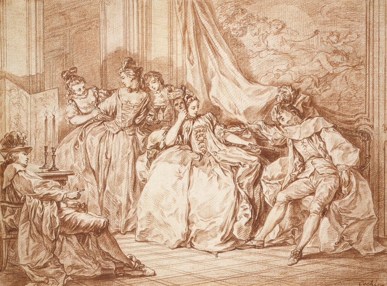 Juhlijoiden puolue (grafiitti punaisella liidulla luonnonvalkoisella paperilla, reunustettu mustalla musteella) tekijältä Charles Nicolas II Cochin