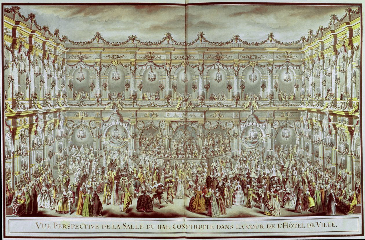 Perspektiivinäkymä juhlasalista, joka rakennettiin Pariisin Hotel de Villen pihalle Dauphinin ensimmäisen avioliiton yhteydessä Espanjan Marie-Theresen (1638-83) Infantan kanssa. tekijältä Charles Nicolas II Cochin
