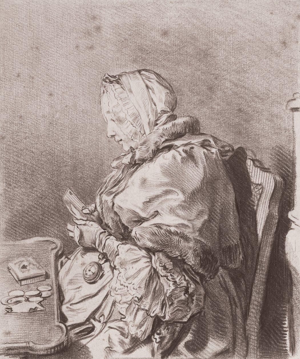 Madame Marie Therese Rodet Geoffrinin (1699-1777) muotokuva 1746 (punainen liitu paperille) tekijältä Charles Nicolas II Cochin