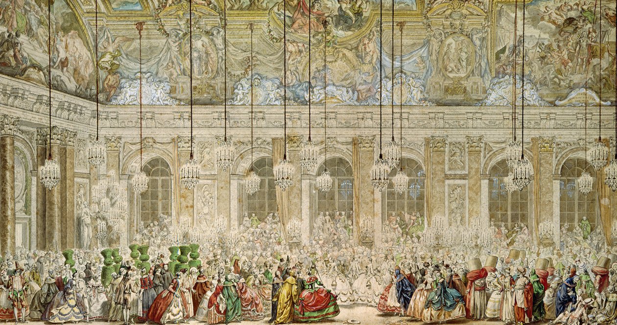 Naamiojuhla Galerie des Glacesissa, 17. helmikuuta 1745 (kynä ja muste ja wc paperilla) tekijältä Charles Nicolas II Cochin