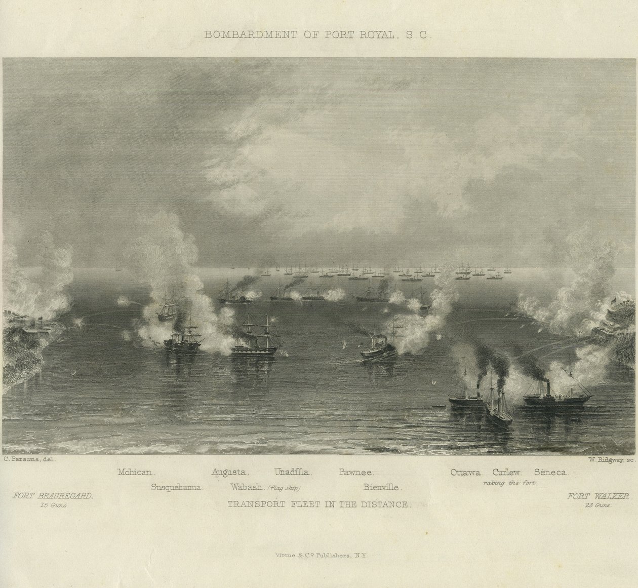 Port Royalin pommitukset, S.C., n. 1861 tekijältä Charles Parsons