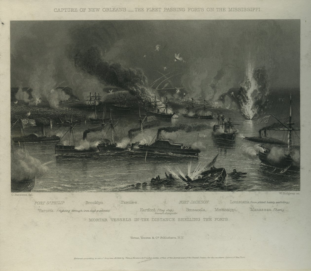 New Orleansin vangitseminen: Laivasto ohittaa linnoituksia Mississippillä, n. 1862 tekijältä Charles Parsons