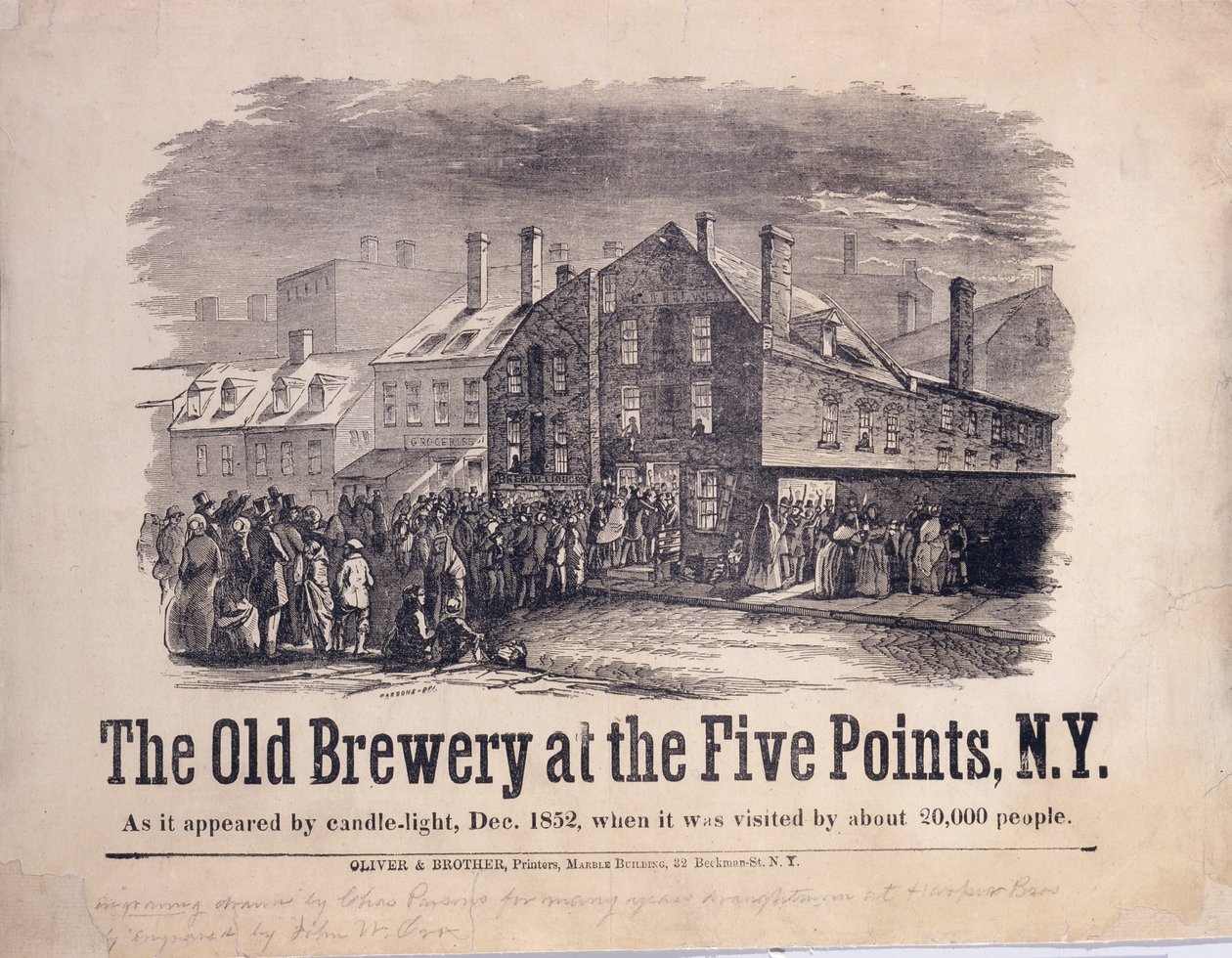 The Old Brewery at Five Points, New York, sellaisena kuin se ilmestyi kynttilänvalossa, joulukuu 1852, kun siinä vieraili noin 20 000 ihmistä, kaiverrus John W. Orr (1815-57), n. 1853 (puukaiverrus) tekijältä Charles Parsons