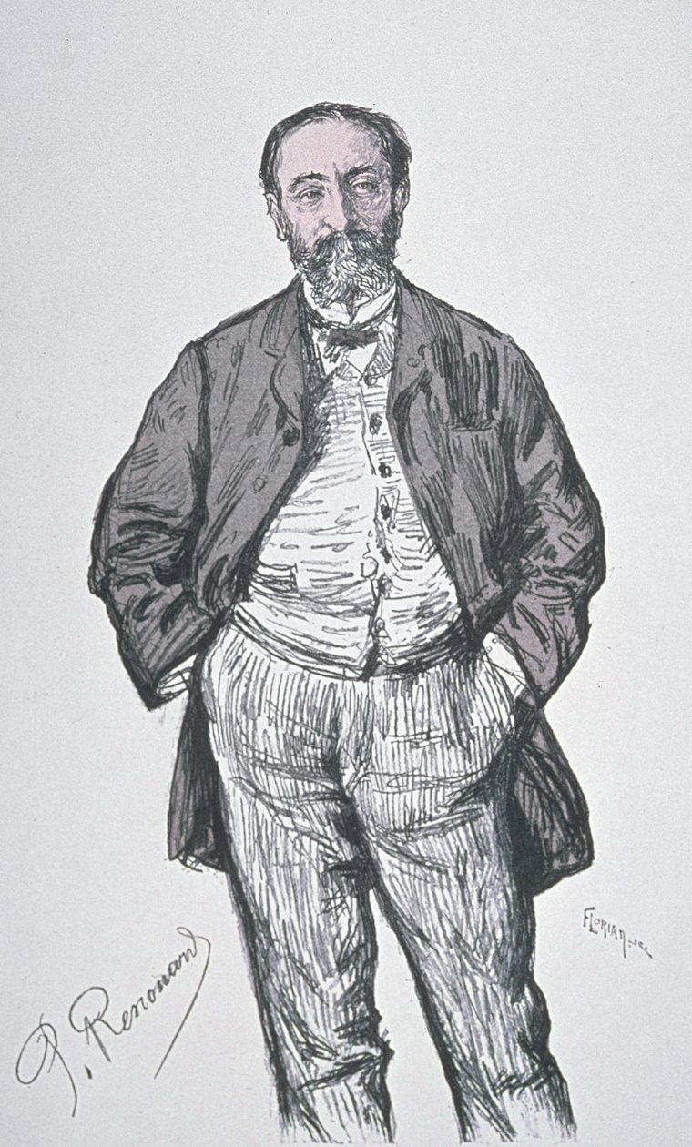 Muotokuva ranskalaisesta säveltäjästä ja musiikkikriitikko Charles Camille Saint-Saensista (1835-1921), kaiverrettu Florianin sarjasta "Contemporary Portraits" Revue Illustressa. tekijältä Charles Paul Renouard