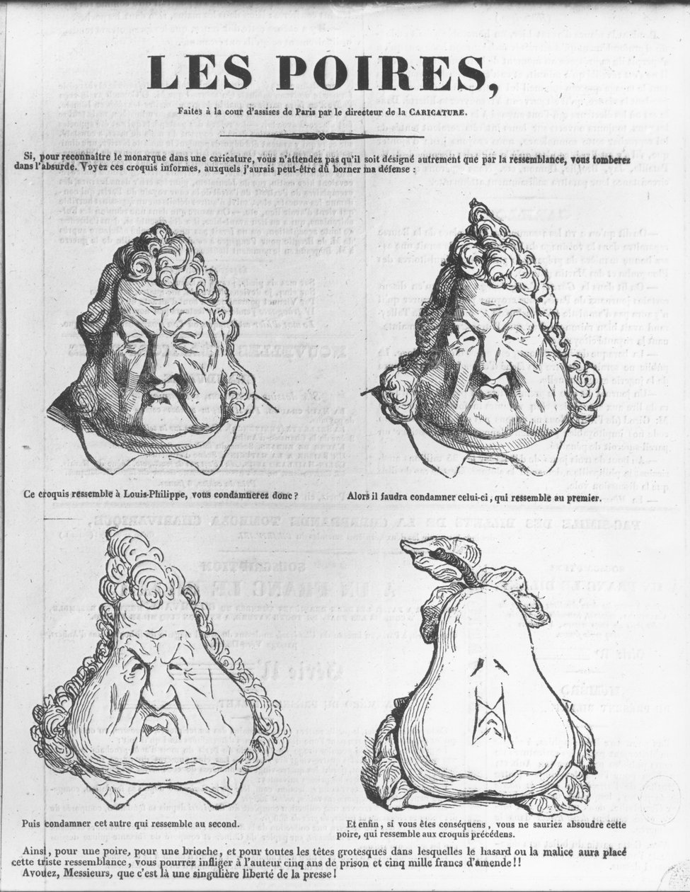 Les Poires, kuningas Louis-Philippe (1773-1850), karikatyyri Le Charivari -lehdestä. tekijältä Charles Philipon