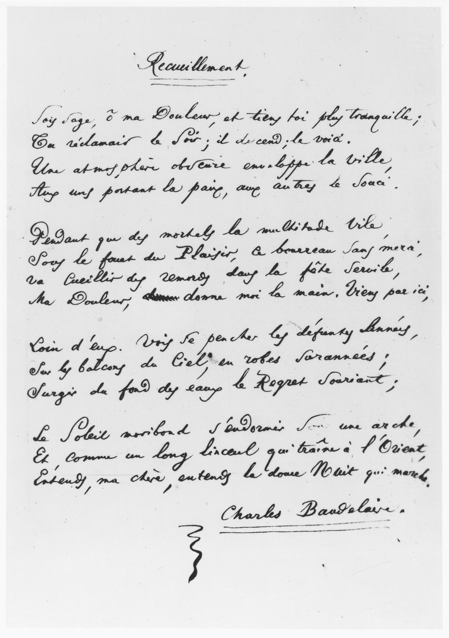 "Recueillement", signeerattu sonetti, 1861 tekijältä Charles Pierre Baudelaire