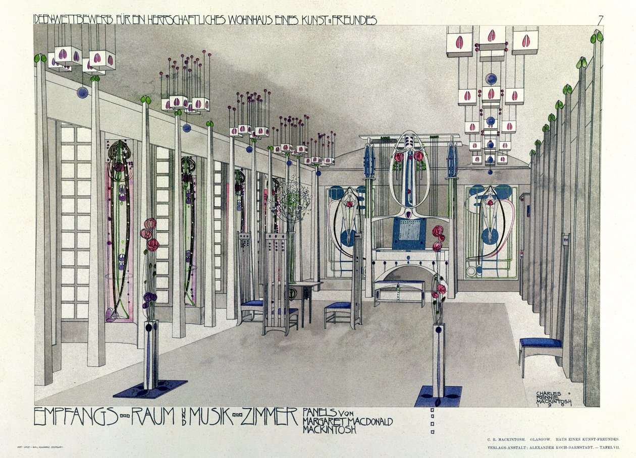 Suunnittelu musiikkihuoneelle paneeleilla: Margaret Macdonald Mackintosh (1865-1933) 1901 tekijältä Charles Rennie Mackintosh