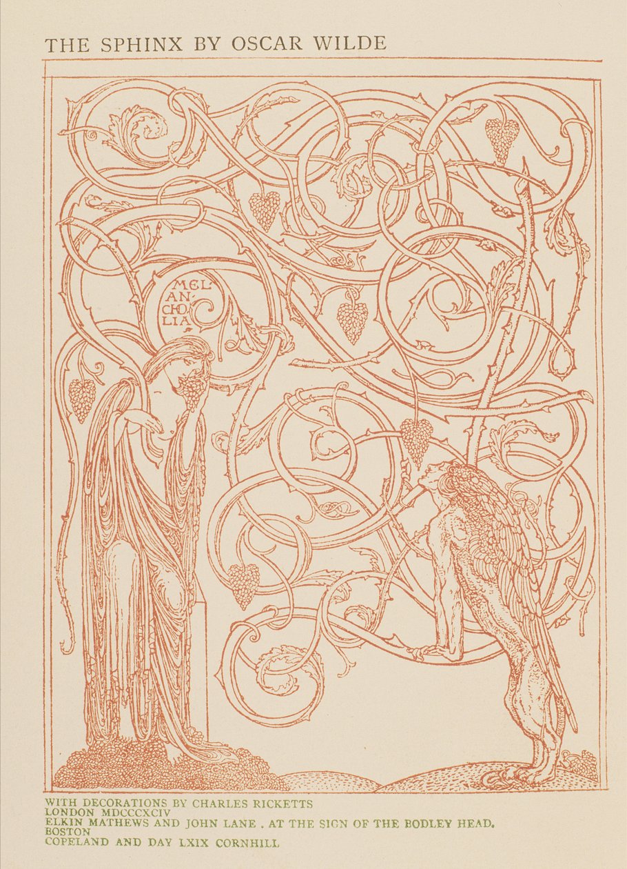 Melancholia, suunnittelu Oscar Wilden pubin "Sfinksi ilman salaisuutta" -elokuvaan. Elkin Mathews ja John Lane, 1894 tekijältä Charles Ricketts